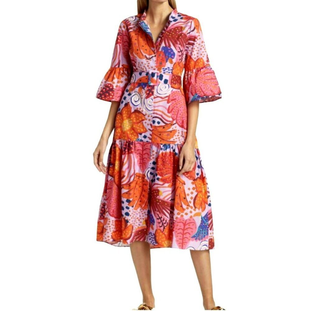 Farm Rio Lilac Floral Botanical Belted Shift Dress Midi Size XL NWT